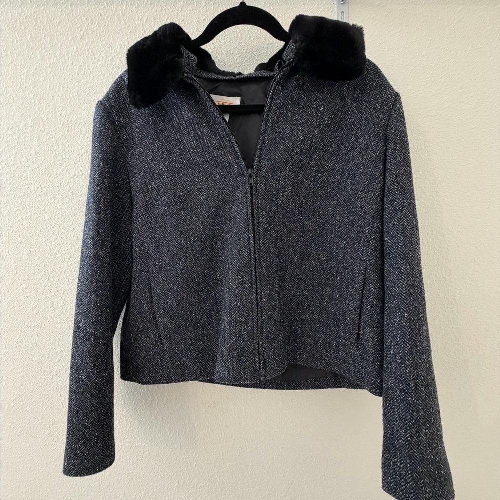 Talbots Black and Gray Blazer with Faux Fur Collar